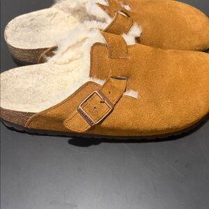 Birkenstock Tan Suede Shearling Clogs